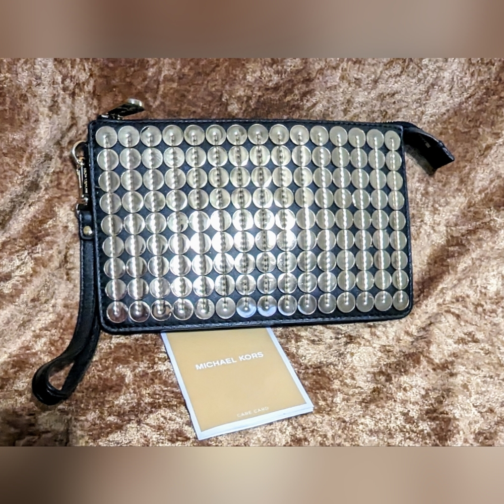 Michael Kors Gold Sequins and Black Leather Wristlet - Clutch